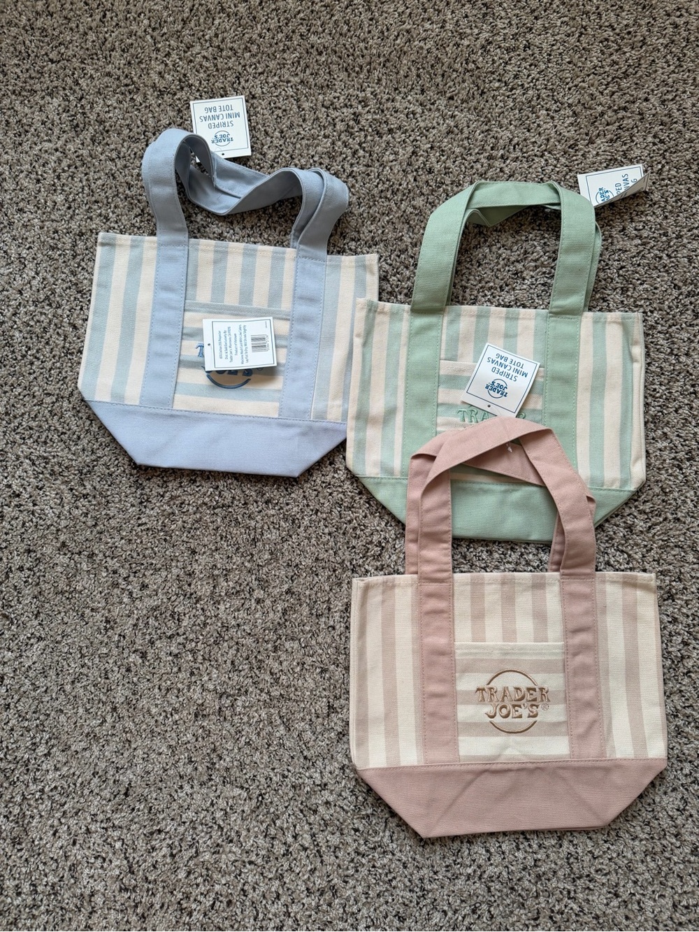 Trader Joes Mini Pastel Striped Canvas Tote Bag  Set of 3 NWT